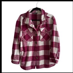 Pink & Cream Plaid Shacket | Oversized Button-Up Jacket | Size L